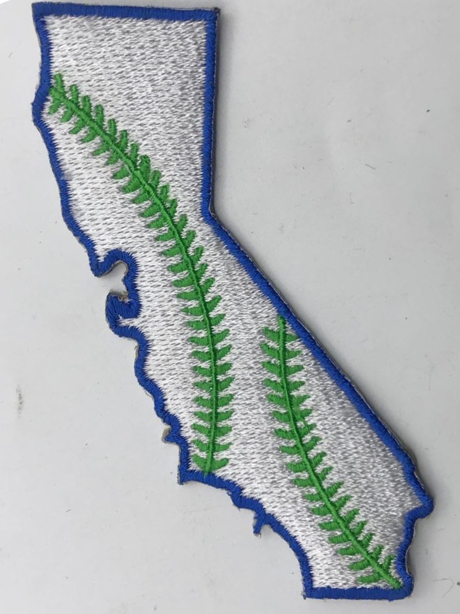 california map embroidered cut out shape
                                fill stitched tatami in white threads, blue
                                embroidered border and bright green baseball
                                style zigzag in the centre
